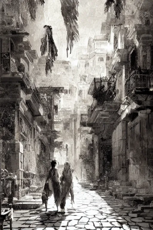 Image similar to antique greek city, portrait, powerfull, intricate, elegant, black and white volumetric lighting, scenery, digital painting, highly detailed, artstation, sharp focus, illustration, concept art, ruan jia, steve mccurry