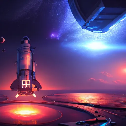 Image similar to hyper realistic deep sea space station, planets on the background, cinematic lightning, medium shot, mid-shot, highly detailed, trending on Artstation, Unreal Engine 4k, cinematic wallpaper