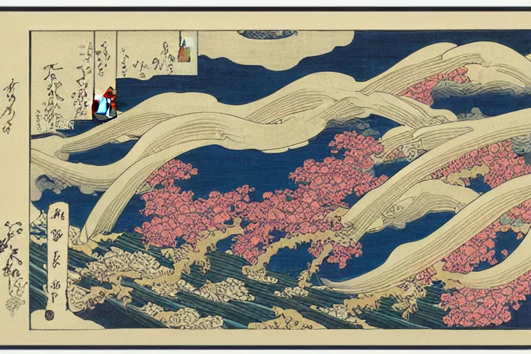 Image similar to a beautiful and hyperdetailed ukiyo - e drawing of a composition with tangled irises by katsushika hokusai, in style by utagawa kuniyoshi and utagawa hiroshige, japanese print art, intricate, elegant, complex, illustration, clean 4 k