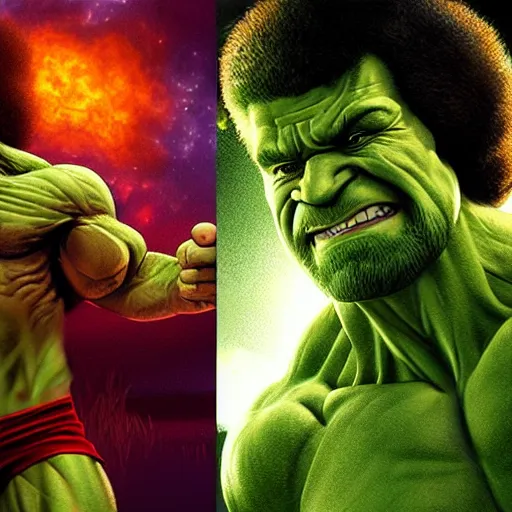 Image similar to photomanipulation of BOB ROSS as hulk with human flesh, marvel, fully detailed, volumetric lightening, octane render