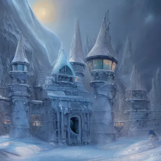 Image similar to a painting of an ice castle in the snow, a detailed matte painting by peter snow, cgsociety, northwest school, matte painting, matte drawing, concept art