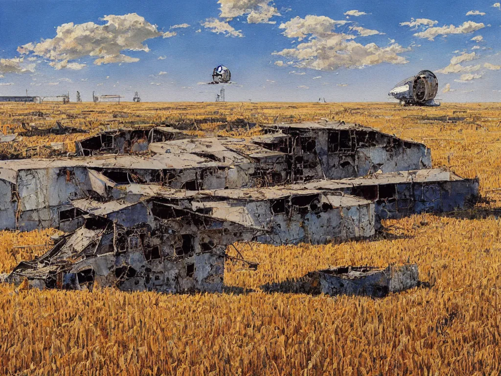 Image similar to A fantastic painting of a dilapidated post-modern building on a wheat field with an abandoned spaceship parked on the roof of the building, by Robert McCall, Trending on artstation, very detailed