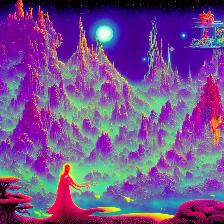 Image similar to mysterious cosmic girl over epic mystical crystal temple, infinite glissando, hallucinogenic waves, synthwave, bright neon colors, highly detailed, cinematic, eyvind earle, tim white, philippe druillet, roger dean, ernst haeckel, lisa frank, aubrey beardsley, kubrick