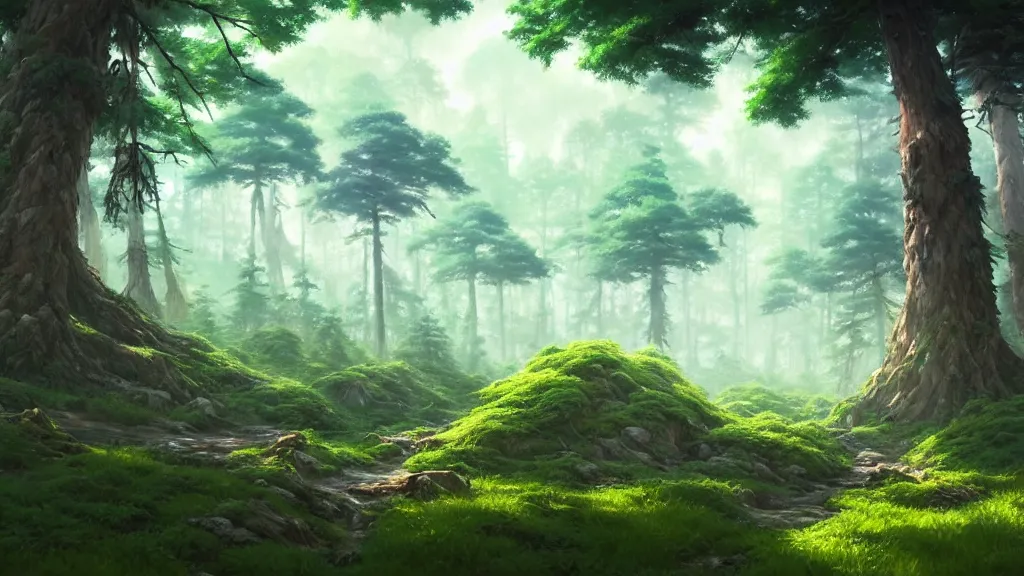 Image similar to forest clearing landscape, studio ghibli, pixar and disney animation, sharp, rendered in unreal engine 5, highly detailed, digital painting, artstation, concept art, smooth, sharp focus, illustration, wide angle, artbook, wallpaper, splash art, promo art, dramatic lighting, art by artgerm and greg rutkowski and bo chen and jin xiaodi