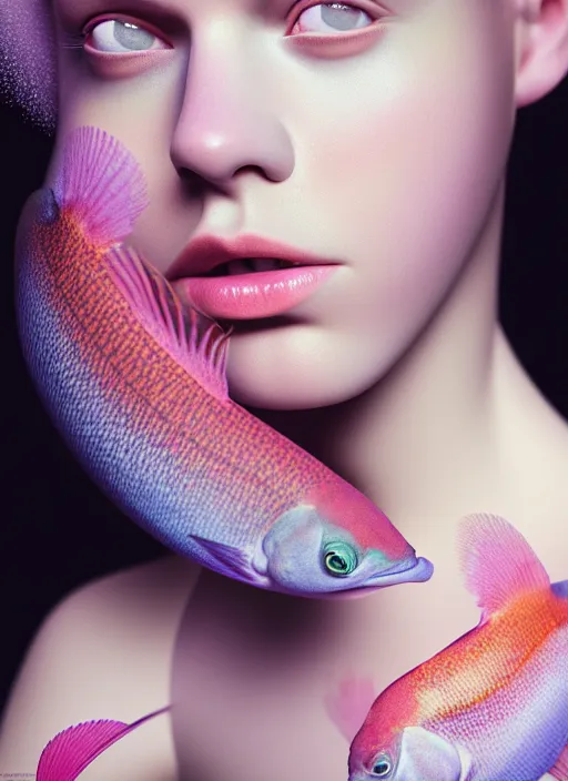 Prompt: Kodak Portra 400, 8K, soft light, volumetric lighting, highly detailed, fine art portrait photography in style of Flora Borsi, britt marling style 3/4 face morphing with soft colors tropical fishes, metamorphosis complex 3d render , 150 mm lens, soft blur background, bust with intricate details, elegant, hyper realistic, ultra detailed, octane render, etheric, outworldly colours, emotionally evoking, head in focus, fantasy, ornamental, intricate, elegant, 8K, soft light, volumetric underwater lighting, highly detailed, Refined, Highly Detailed, soft lighting colors scheme, fine art photography, Hyper realistic, photo realistic