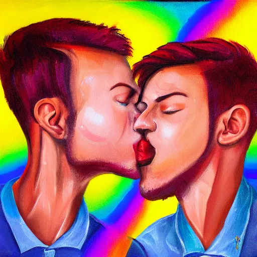 Prompt: two gay men kissing as rainbows explode their heads, oil painting