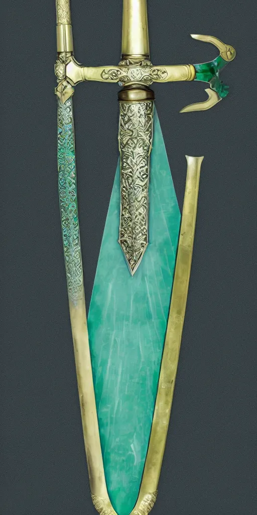 Image similar to photograph of a wide green and teal crystal sword blade attached to a big gold sword hilt
