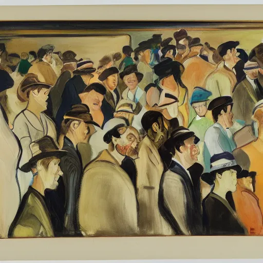 Image similar to A beautiful painting of a group of people standing in a line. They are all facing the same direction and appear to be waiting for something. bright, stuckism by Ruth Bernhard, by Edward Lear, by William Gropper 8k