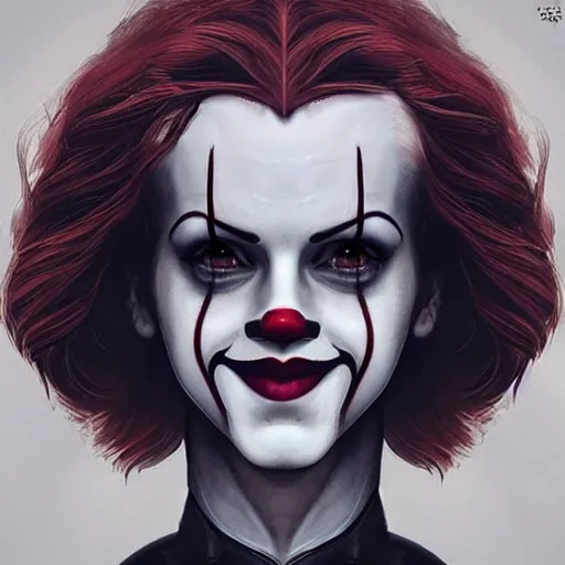 Image similar to emma watson as pennywise the clown, realistic, intricate, elegant, art by artgerm and wlop