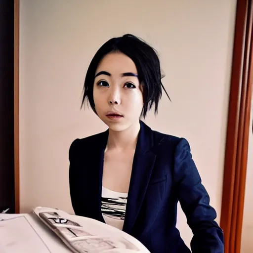 Image similar to a pretty young girl of 2 5, japanese, with big eyes, short shoulder - length hair and a suit ， by sam yang