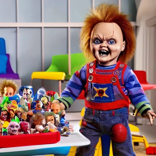 Image similar to Chucky the killer doll in a play room full of toys