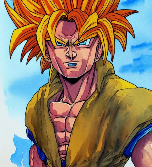 Prompt: a 3 / 4 view watercolor ink painting of super saiyan shaggy in the style of jean giraud in the style of moebius trending on artstation deviantart pinterest detailed realistic hd 8 k high resolution