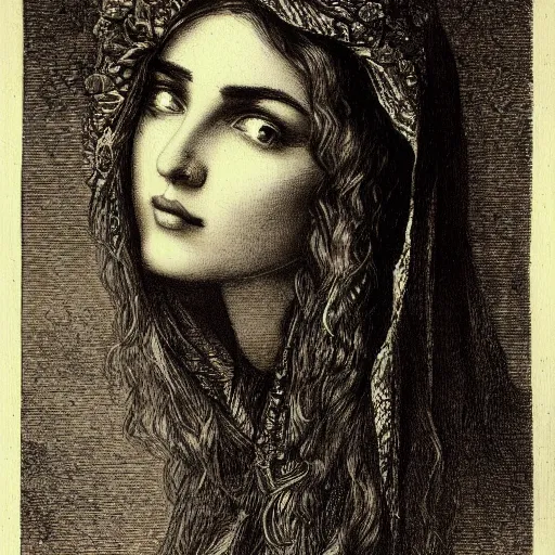 Image similar to portrait of a beautiful woman, high detail, illustration by Gustav Doré