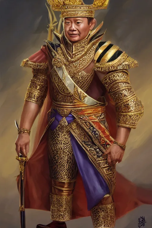 Image similar to full body portrait of king ramkamhaeng the great, thai warload, d & d, elegant, highly detailed, digital painting, artstation, concept art, smooth, sharp focus, illustration, art by jakkrapan pocayakit