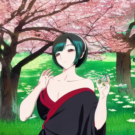 Image similar to anime key visual of a woman with short green hair wearing a black saree meditating near a japanese spring surrounded by cherry blossom trees by ilya kuvshinov and satoshi kon