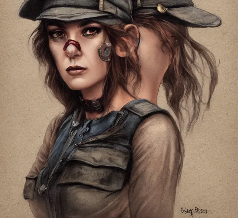 Image similar to a rugged and sarcastic female cop in the style of tom bagshaw