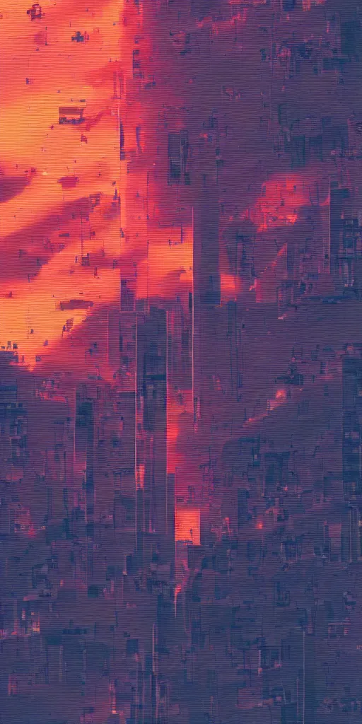 Image similar to Evangelion unit 01 pallete , zoom shot, telephoto lens, low aperture street level, buildings collapsed ,hyper-realistic, your name sky, evening, octane rendering , inspired by Katsuhiro Otomo, pixelactivist