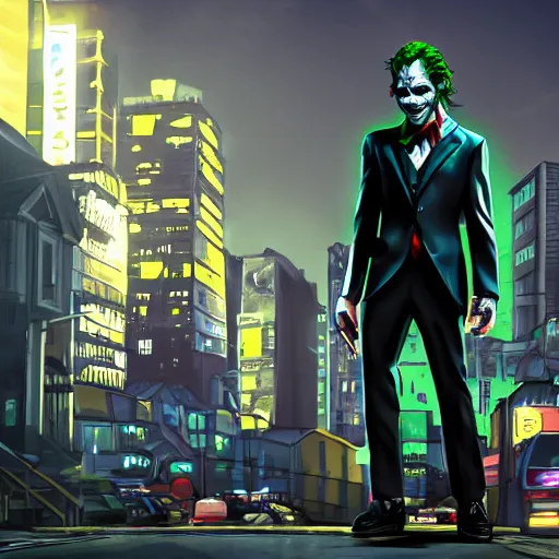 Prompt: Jason fused with the joker, full body, in an illuminated city, photo realistic