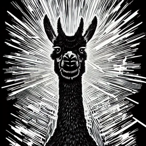 Image similar to black and white trippy comic art of a llama, lots of particles, drawn by Martin Rowson, Tim Burton, Studio Ghibli, Alex Pardee, Nekro Petros Afshar, James McDermott, cgsociety, sharp edges, high constrast, 4K