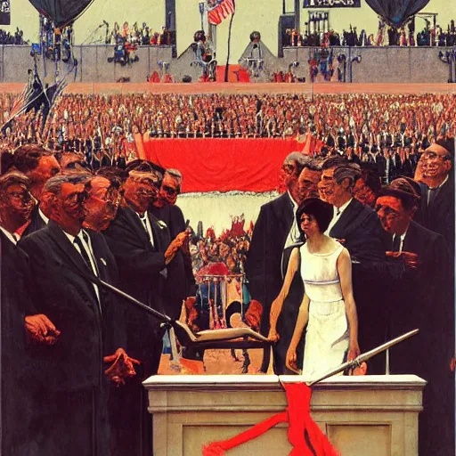 Prompt: Painting of the inauguration of Jeff Bezo by Norman Rockwell & Zdzisław Beksiński