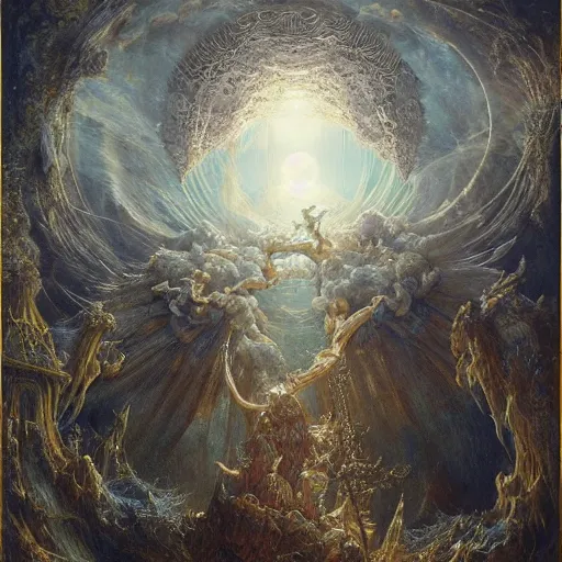 Prompt: ellen jewett, beautiful surreal palatial pulsar at dawn, creation of the world, angels, seraphim, let there be light, land, sea, planet earth, genesis, gustave dore, ferdinand knab, jeff easley