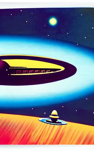 Image similar to poster of a spaceship flying through the galaxy with a planet visible above, 1950s art deco, retrofuturism, edward hopper,
