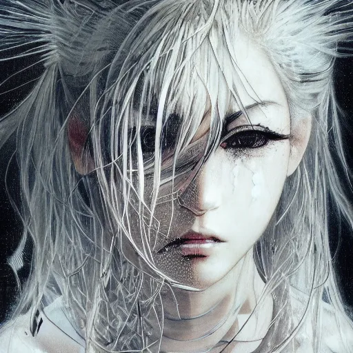 Image similar to Yoshitaka Amano realistic illustration of an anime girl with wavy white hair and cracks on her face wearing white shirt and black tie, abstract black and white patterns on the background, noisy film grain effect, highly detailed, Renaissance oil painting, weird camera angle