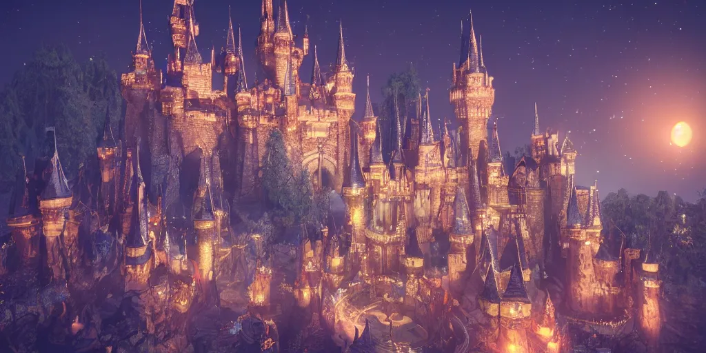 Image similar to a glittering fantasy castle at night, extremely detailed, Behrens style, unreal 5 render, fantasy digital art, octane render, beautiful composition, trending on artstation, award-winning photograph, masterpiece