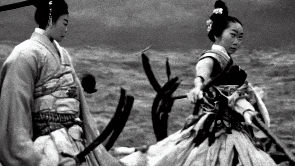 Prompt: samurai Björk fights Björk beautiful dramatic cinematic photography cinematography 35mm film still film grain Kurosawa