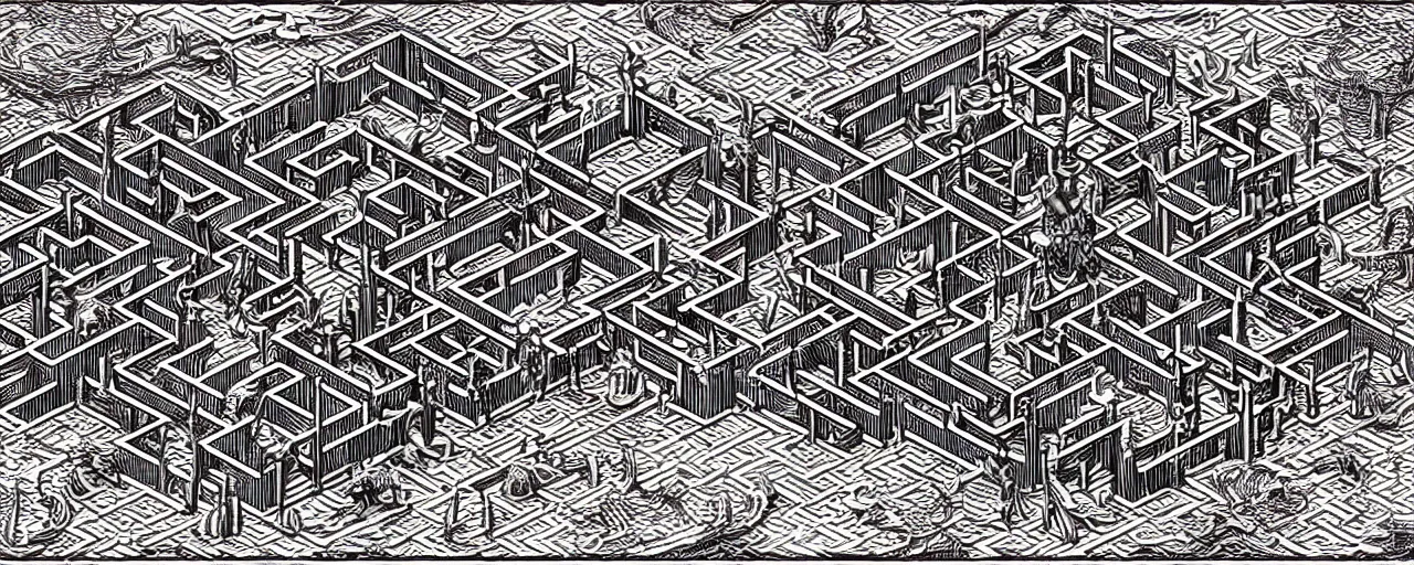 Prompt: isometric view of a highly detailed cnc mill woodcut of a hyperdimensional labyrinth maze with a steampunk minotaur in the center