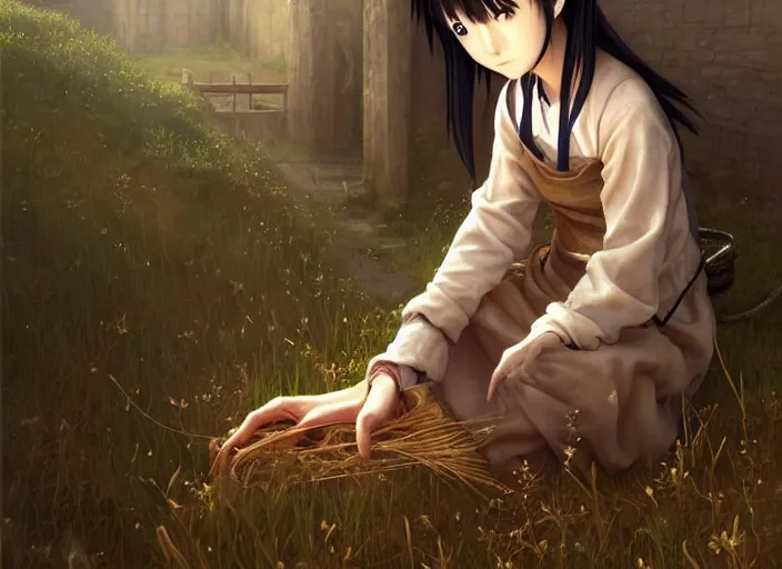 Prompt: lain iwakura from serial experiments lain as medieval peasant working in the field wiping off sweat from forehead cute ember eyes hairpin wonderful masterpiece highly detailed scifi, beautiful cinematic light deep focus, elegant, digital painting, smooth, sharp focus, golden ratio, dramatic illumination, ultra realistic, 4 k, art by greg rutkowski wlop rossdraws