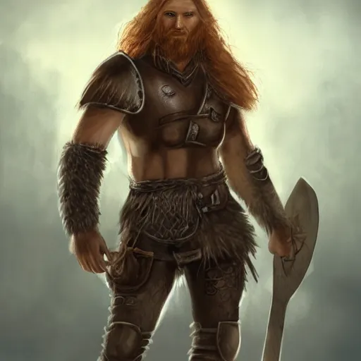 Image similar to ginger viking with flowing long wavy hair in leather armor, very pale, very hairy chest, bare chest, very thick legs, bare legs, husky body type, very muscular, very tall, full body picture, fantasy, dungeons and dragons, detailed digital art, 4 k