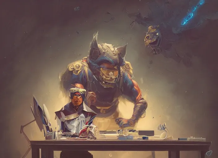 Image similar to an insanely detailed painting of an asian man wearing a homemade superhero costume, sitting at a desk, staring seriously at the computer and typing, in the style of peter mohrbacher, james jean, ruan jia, dramatic lighting and composition, surreal background, octane render, pixar, trending on artstation, concept art, comic book, view from behind, 8 k