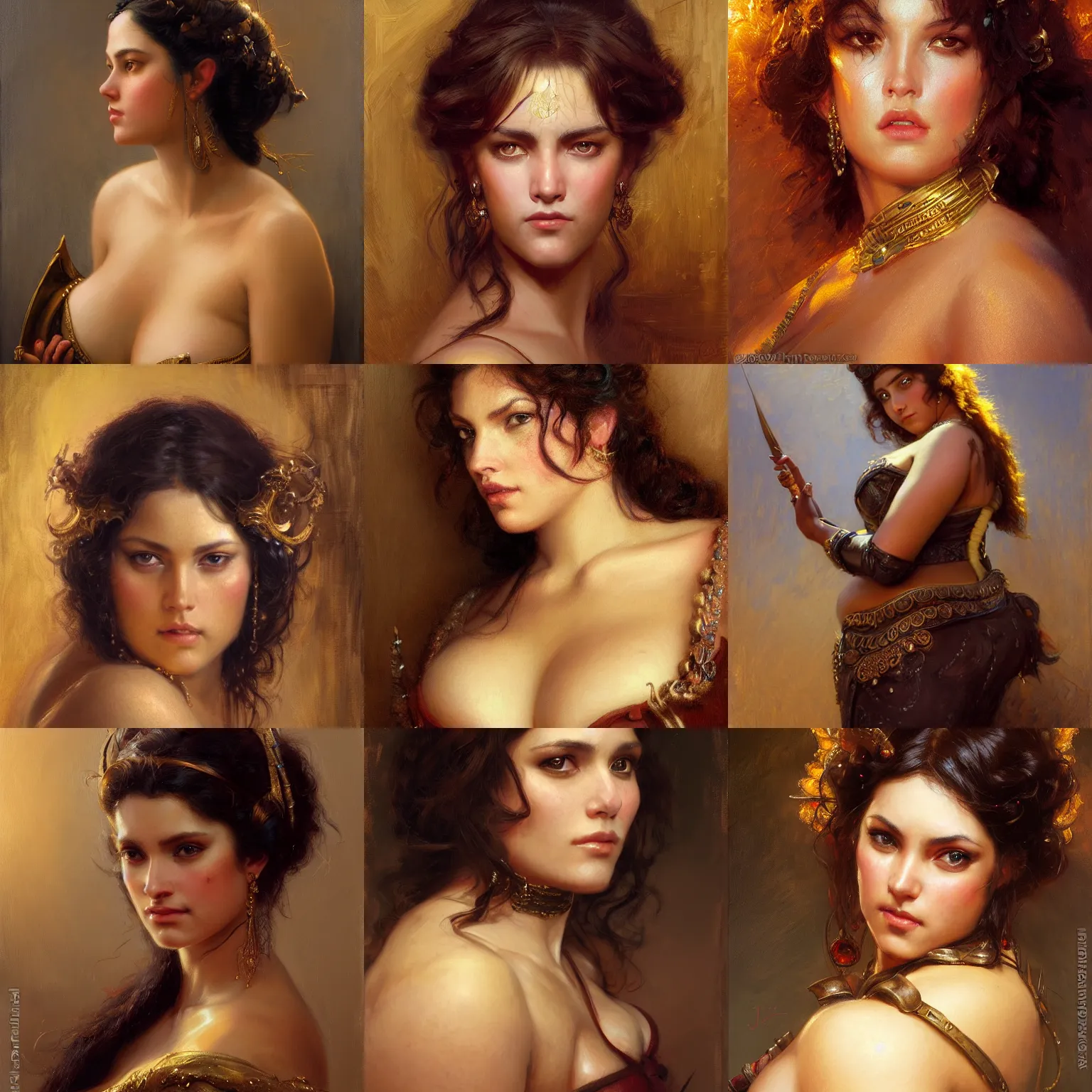 Prompt: portrait of a beautiful woman with dark hair, golden skin, full figured, fantasy, tavern girl, highly detailed, sharp focus, highly detailed painting by gaston bussiere, craig mullins, j. c. leyendecker 8 k