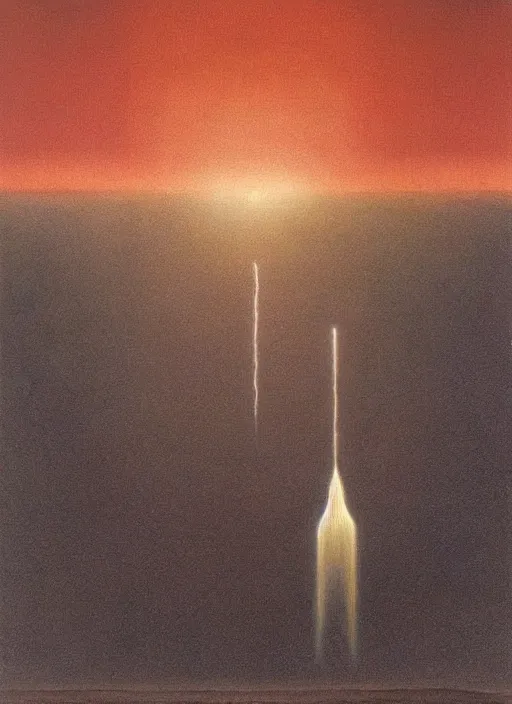 Image similar to A painting in a style of Beksinski featuring Elon Musk on mars. There is a group of rocket in the sky. Very detailed, symmetry