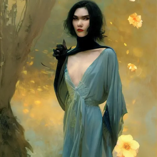 Image similar to detailed cinematic wide shot of tao okamoto beautiful attractive vampire woman slim face symettrical face clean skin blue eyes black robe smooth, sharp focus, ultra realistic, spring light, painting by gaston bussiere, craig mullins, j. c. leyendecker