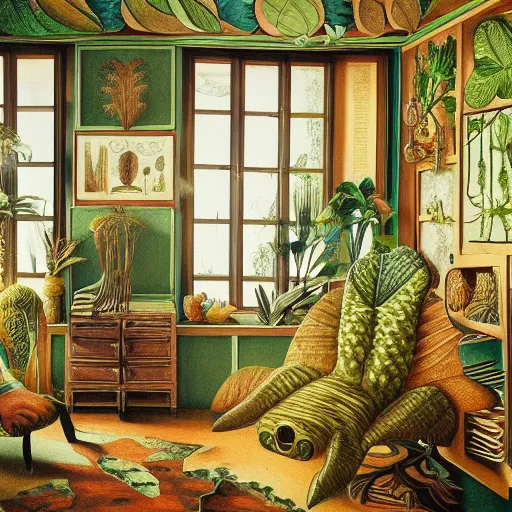 Prompt: room interior with furniture, art forms in nature, inspired by ernst haeckel, morning light, intricate high details, sharp, ultradetailed