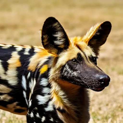 Image similar to A photo of the world's greatest sheriff: an african painted dog wearing a hat!