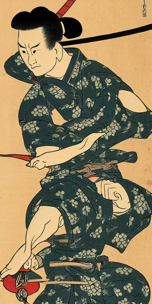 Prompt: japanese woodblock style painting of a samurai with a snake head