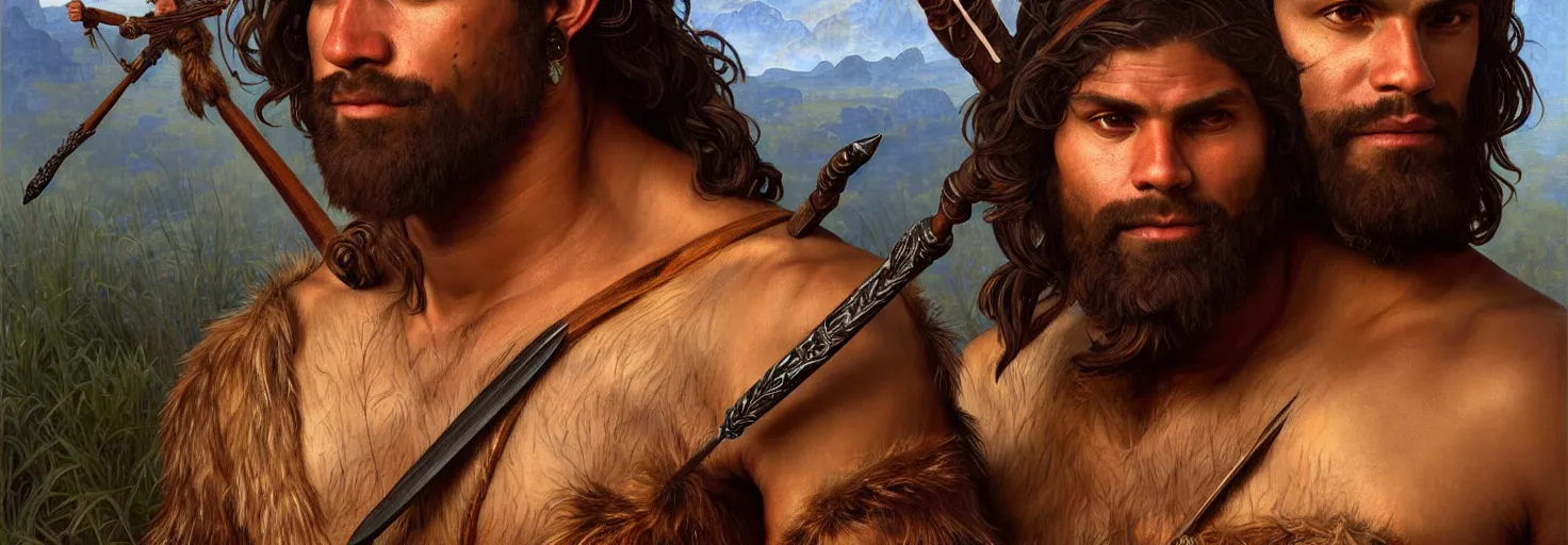 Prompt: renaissance upper body portrait of a gruff ranger with a spear, Australian Aboriginal, lean and toned, handsome face, hairy chest, D&D, intricate, elegant, highly detailed, digital painting, artstation, concept art, matte, sharp focus, illustration, art by da Vinci, Artgerm and Greg Rutkowski and Alphonse Mucha