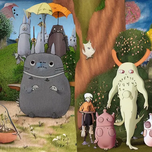 Prompt: detail from garden of earthly delights by studio ghibli. digital painting. totoro. digital render. hieronymus bosch