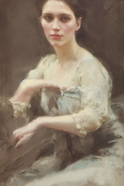 Image similar to Richard Schmid and Jeremy Lipking victorian genre painting full length portrait painting of a young beautiful woman