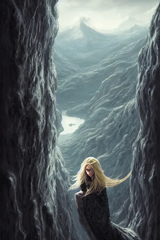 Prompt: A beautiful Norse Goddess with long blonde hair on a ledge of deep abyss fantasy, tibet, vertiginous view and valley, intricate, elegant, highly detailed, D&D, digital painting, artstation, concept art, matte painting, sharp focus, illustration, extremely moody lighting, glowing light and shadow, atmospheric, shadowy, cinematic, in the style of Greg Rutkowski and artemisia gentileschi and Alphonse Mucha