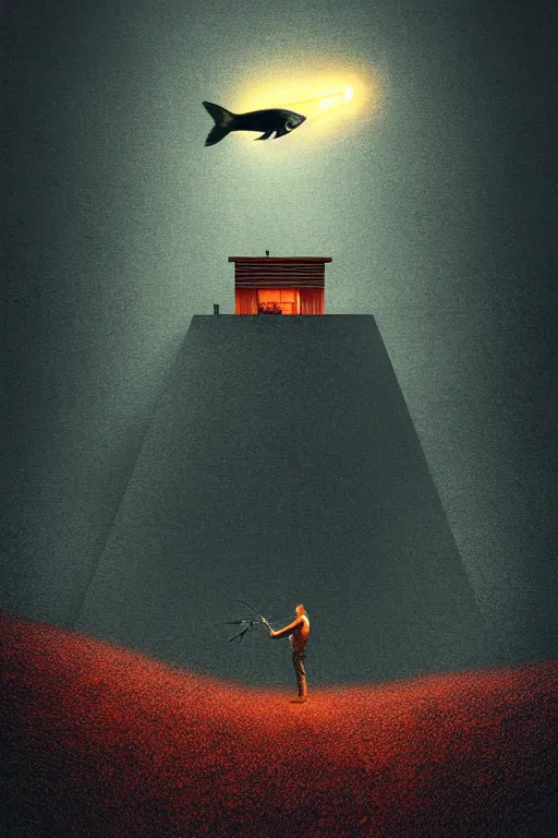 Prompt: burning overgrowth!!!!!+a lone man+fish flying in the sky, Mads Berg, Karolis Strautniekas, film noir, stippled light, dramatic lighting,editorial illustration, detailed,fine texture, matte print, art deco, brutalism, dark blue + dark orange, red, black, ((habitat 67 background))