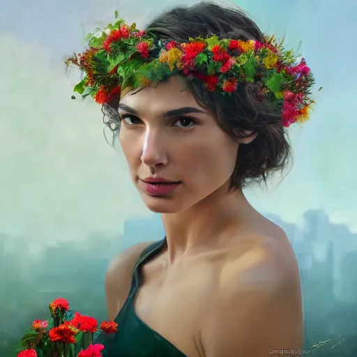 Prompt: fine art oil painting of the beauty gal gadot, she is posing while maintain a sweet eye contact to the camera, she has a crown of flowers, the photo was taken at sunrise with a bokeh effect, by steve mccurry, photorealistic, matte painting, hyper realistic, 4 k, 8 k, cinematic composition, hd, highly detailed, trending on artstation