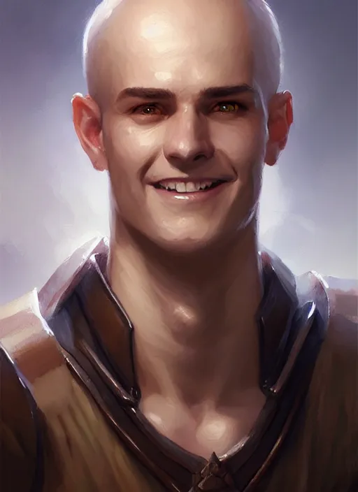 Image similar to a _ fantasy _ style _ portrait _ painting _ of white male short fringe light brown hair short face grinning clean shaven short head, rpg dnd oil _ painting _ unreal _ 5 _ daz. _ rpg _ portrait _ extremely _ detailed _ artgerm _ greg _ rutkowski _ greg