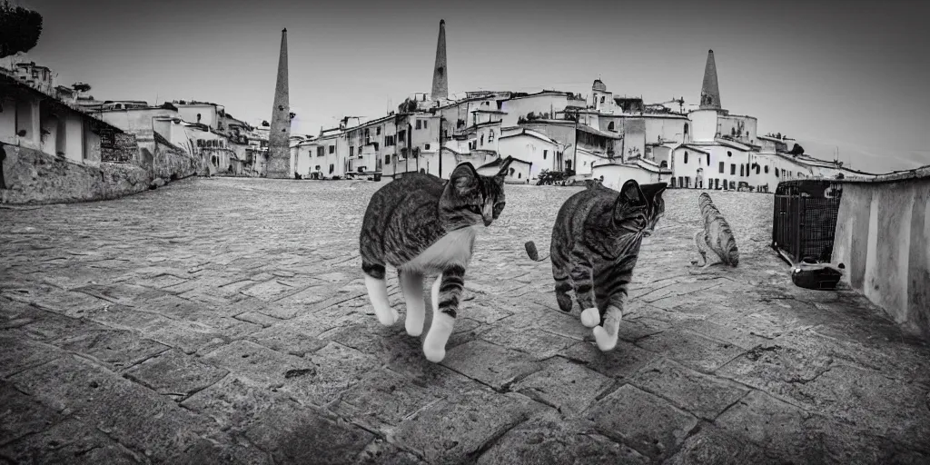 Prompt: photography of a cat running away with mortadella in his mouth at trullo houses town in the background, photoreal, 3 5 mm, award winning photography