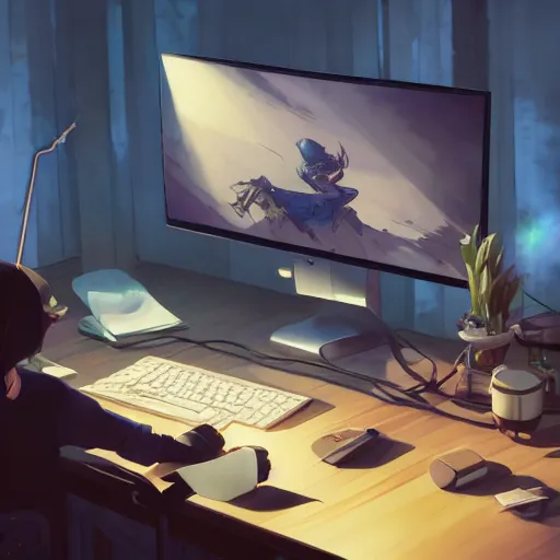 Prompt: beautiful scene render of a desk, monitor, steaming coffee on desk, dimly lit bedroom, perfectly shaded, atmospheric lighting, style of makoto shinkai and peter mohrbacher, studio ghibli. artgerm, karol bak, beeple, animation style, 8 k hd, ultra wide angle, hyper detailed