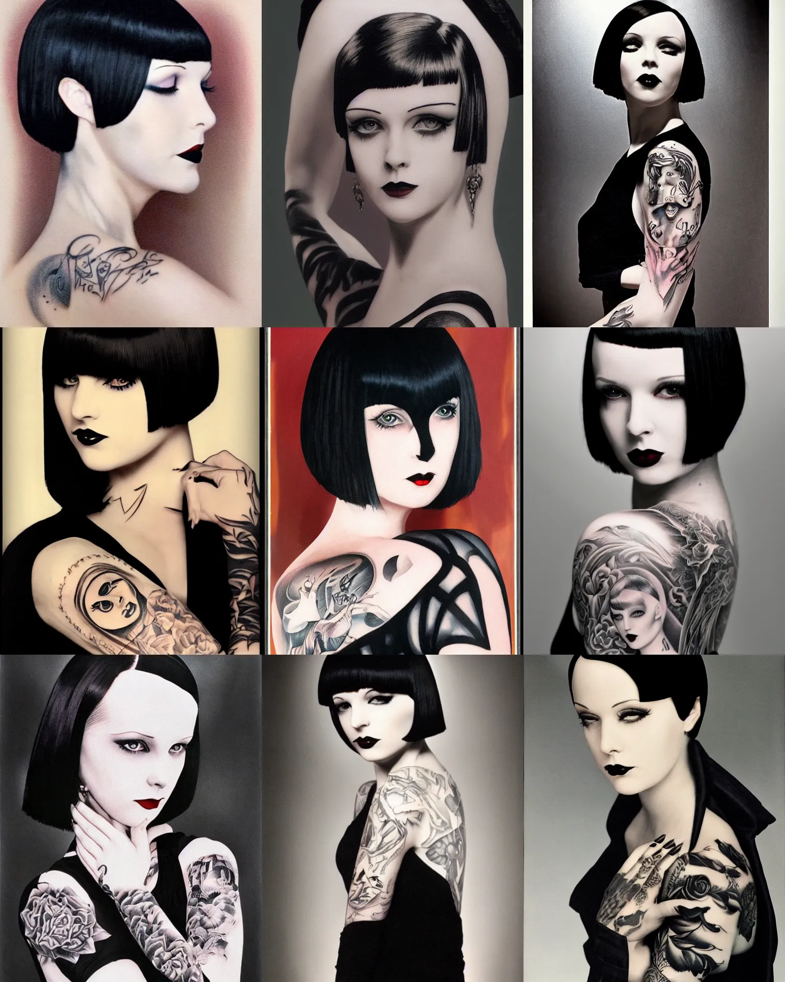 Prompt: goth girl, tattooed arm, mary louise brooks 2 0 years old, bob haircut, portrait by cliff ruddell, nagel, duo tone, art deco, air brush, back lit