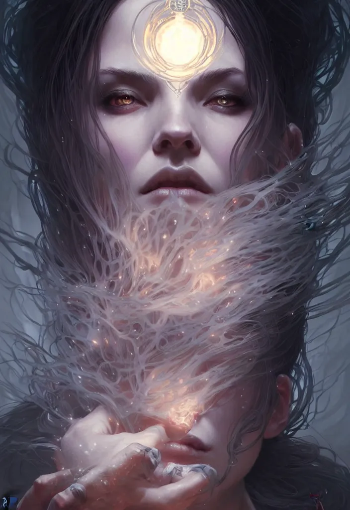 Image similar to Necromancer Sorceress face in center, fantasy magic, undercut hairstyle, dark light night, intricate, elegant, sharp focus, illustration, highly detailed, digital painting, concept art, matte, art by WLOP and Artgerm and Greg Rutkowski and Alphonse Mucha, masterpiece